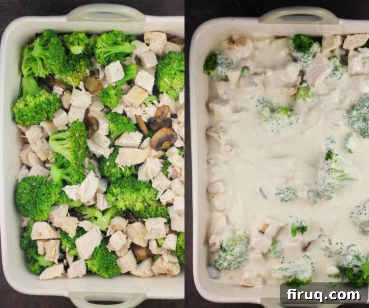 Creamy Chicken Broccoli Bake 7 A collage of two photos: the left shows the layered ingredients of chicken, broccoli, and mushrooms in a casserole dish, while the right shows the casserole topped with the creamy Divan sauce before baking.