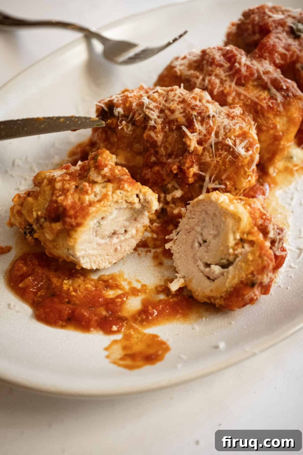Chicken Rollatini 2 Chicken rollatini cut open with ricotta filling inside.