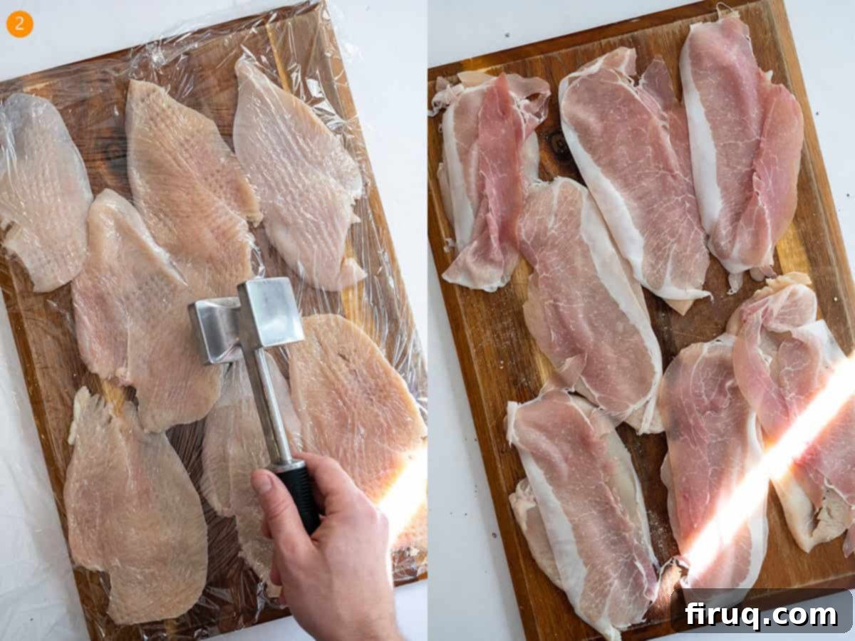 Chicken Rollatini 5 Tenderizing the chicken and laying prosciutto slices on it.