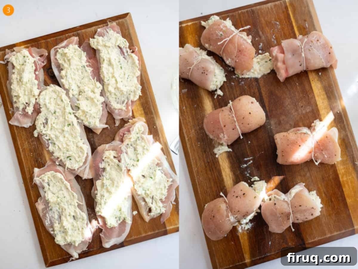 Chicken Rollatini 6 Topping the chicken and prosciutto with the ricotta filling, rolling it, and tying it with kitchen twine.
