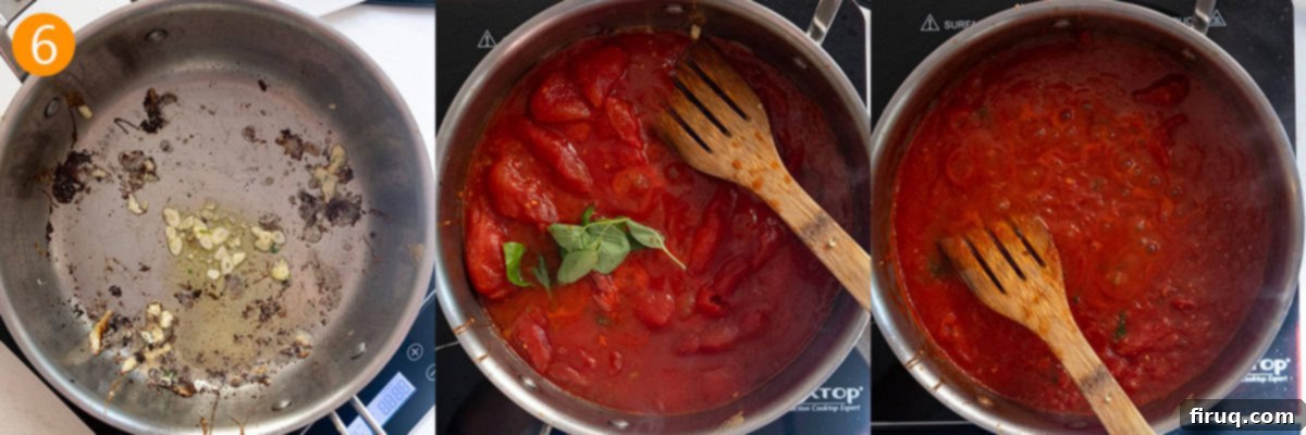Chicken Rollatini 10 Simmering garlic in a pan and then adding tomato sauce to simmer.