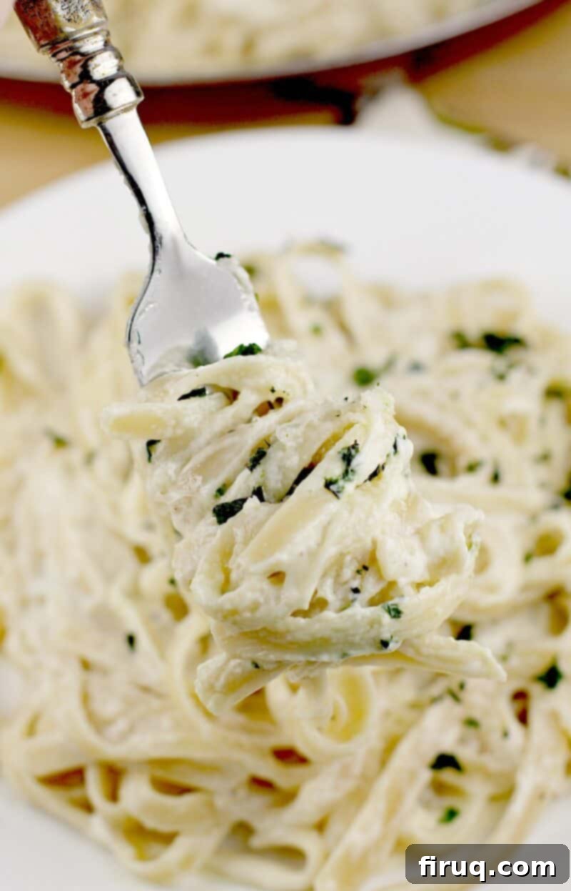 Fettuccine Alfredo 4 a fork with pasta wrapped around it