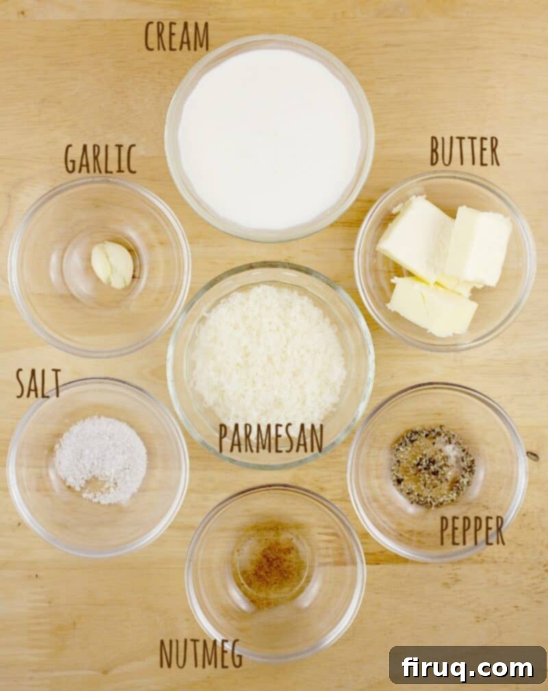 Fettuccine Alfredo 5 separate ingredients, each in a small clear glass bowl