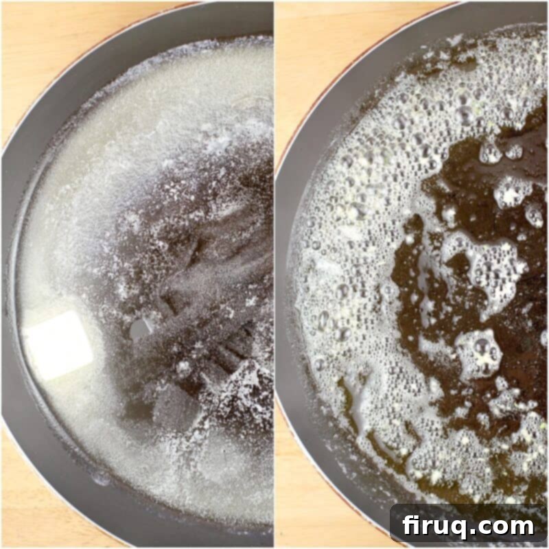 Fettuccine Alfredo 7 collage of 2 photos: left, butter melting in a skillet; right, garlic cooking in butter