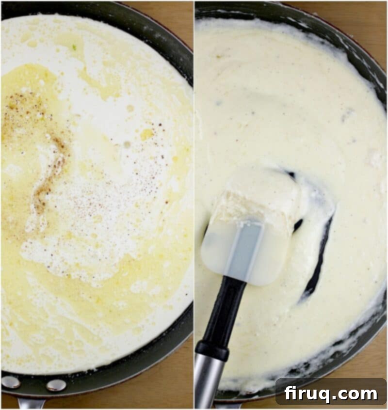 Fettuccine Alfredo 8 collage of 2 photos: left, cream added to melted butter; right, a creamy sauce after cooking