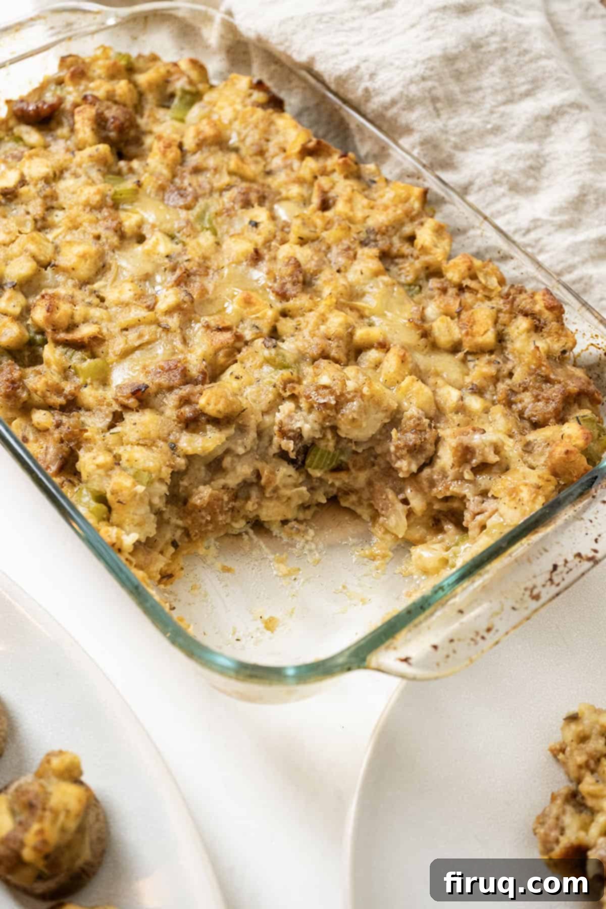 Robust Italian Sausage Thanksgiving Stuffing 12 A close-up of the perfectly baked Italian sausage stuffing, featuring a golden-brown, crispy top and a rich, flavorful interior, displayed in a clear glass baking dish.