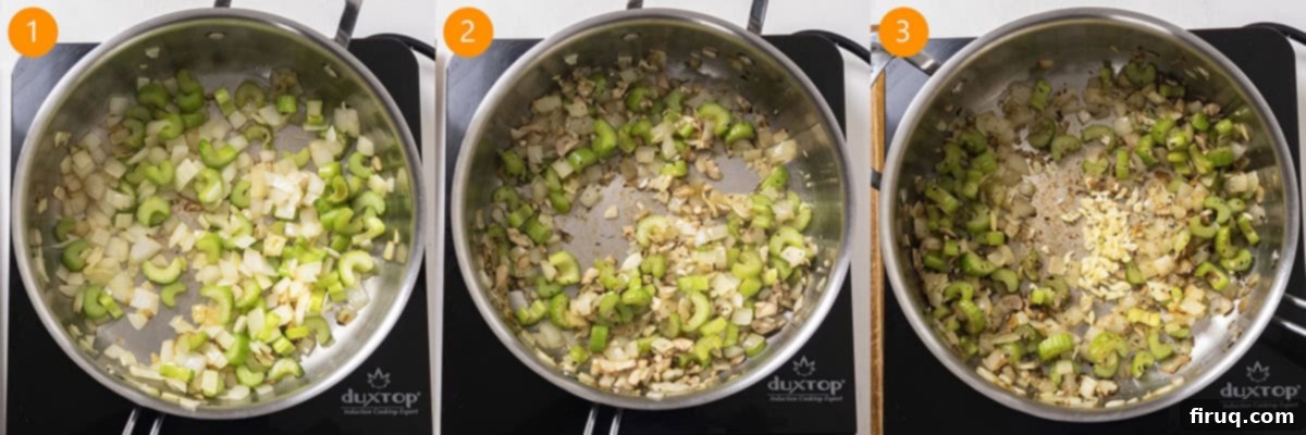 Robust Italian Sausage Thanksgiving Stuffing 5 A large saucepan on a stovetop, filled with finely chopped celery, onions, mushrooms, and garlic gently sautéing in butter or olive oil, releasing fragrant aromas.