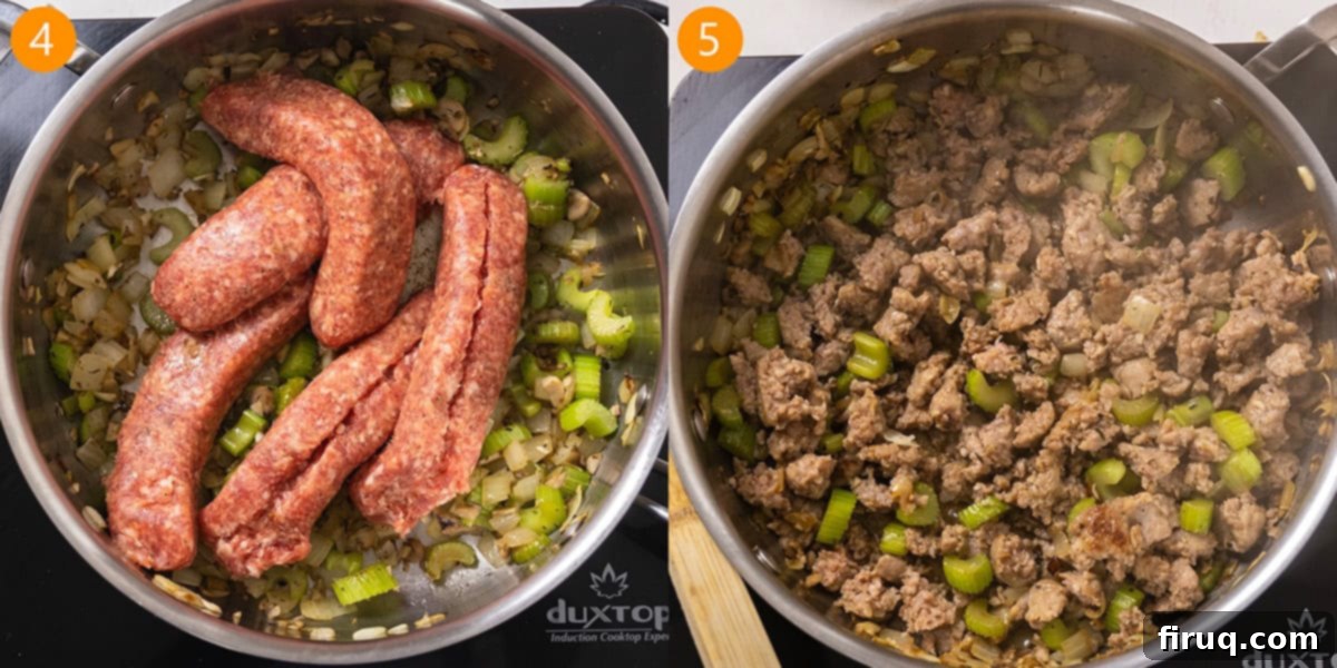 Robust Italian Sausage Thanksgiving Stuffing 6 Crumbled sweet Italian sausage browning in a saucepan with sautéed celery, onions, and mushrooms, forming the flavorful base for the stuffing.