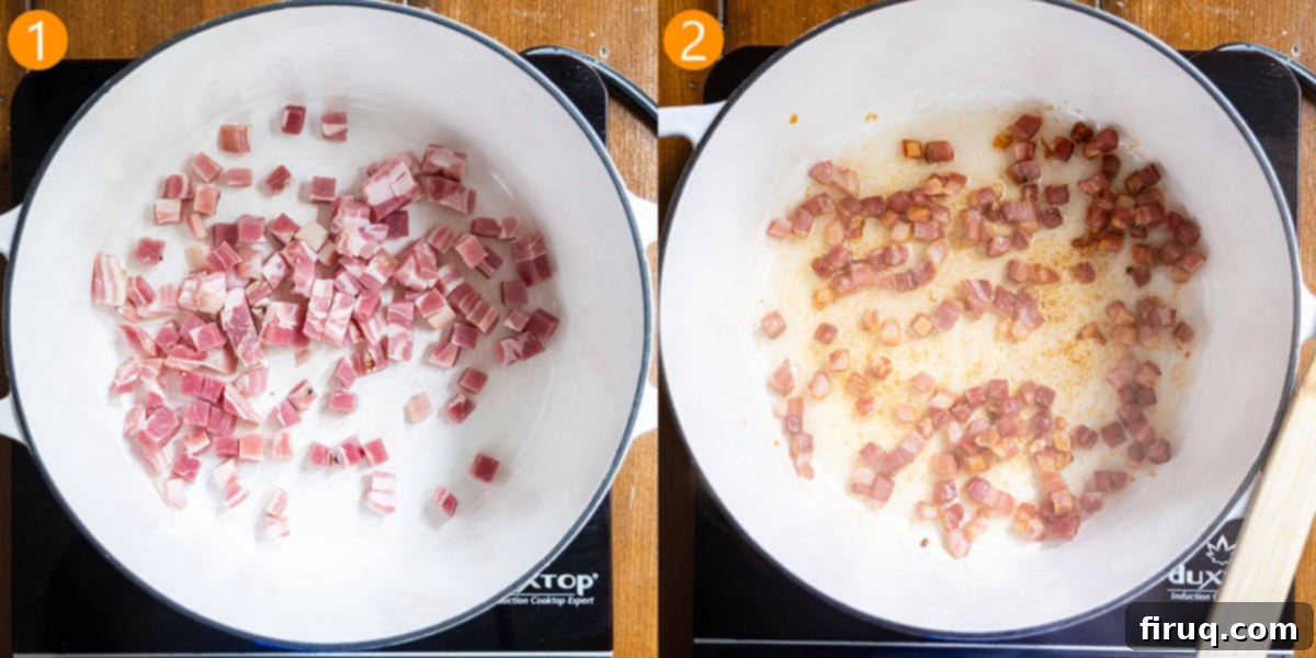 Classic Bolognese Ragù 4 Step 1 and 2 of frying pancetta in a cold pan to a golden brown color.