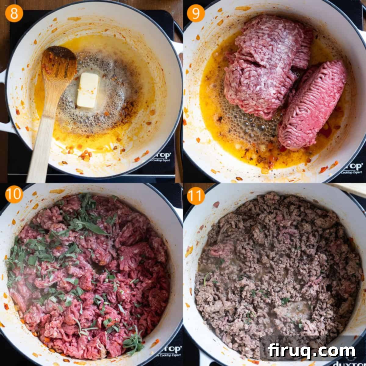 Classic Bolognese Ragù 7 4 steps browning the meat in butter.