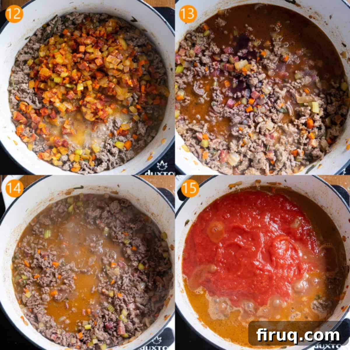 Classic Bolognese Ragù 8 Combining the meat, vegetables, wine, milk, and tomato sauce in 4steps.