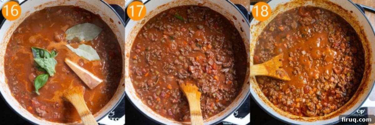 Classic Bolognese Ragù 9 Simmering bolognese in a pot, showing the rich, thick consistency.