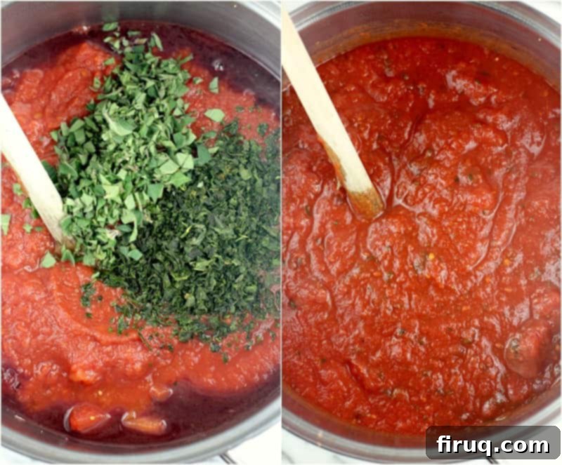 The Best Homemade Marinara 6 collage of 2 photos showing how to make marinara sauce: left: herbs added to the pot with the tomatoes; right: herbs stirred in with a wooden spoon