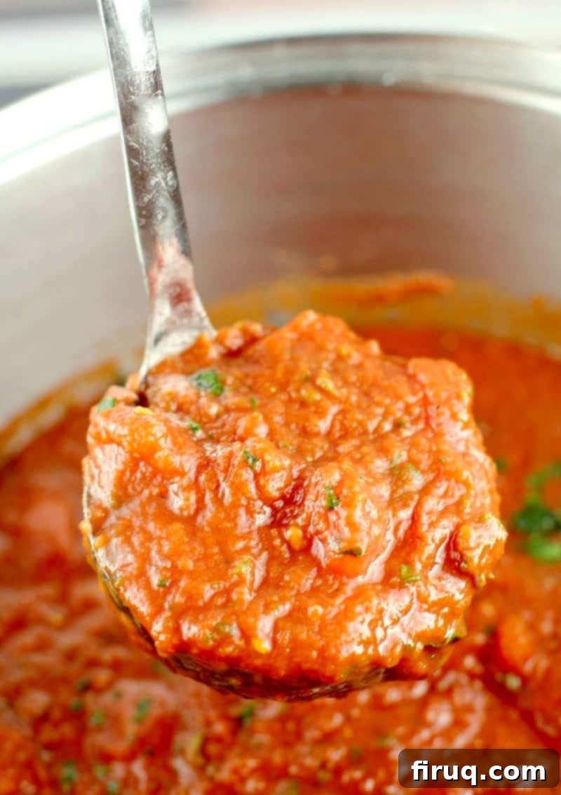 The Best Homemade Marinara 7 Ladle holding up finished marinara sauce out of a pot