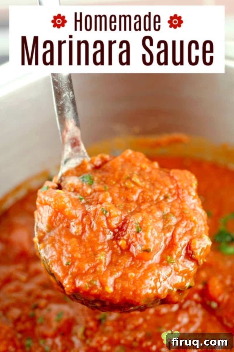 The Best Homemade Marinara 8 pin image with recipe text overlay: Homemade Marinara Sauce