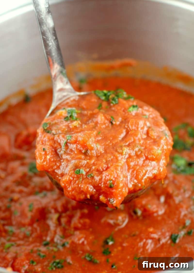 The Best Homemade Marinara 9 zoomed view to show the finished marinara sauce recipe in the pot with a silver ladle