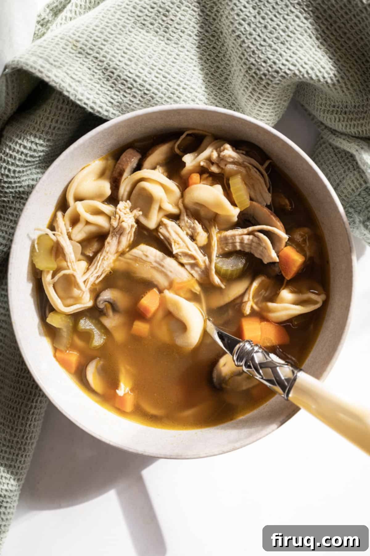 Creamy Chicken Tortellini Bliss 2 A steaming bowl of homemade chicken tortellini soup, garnished with fresh herbs, ready to be enjoyed.