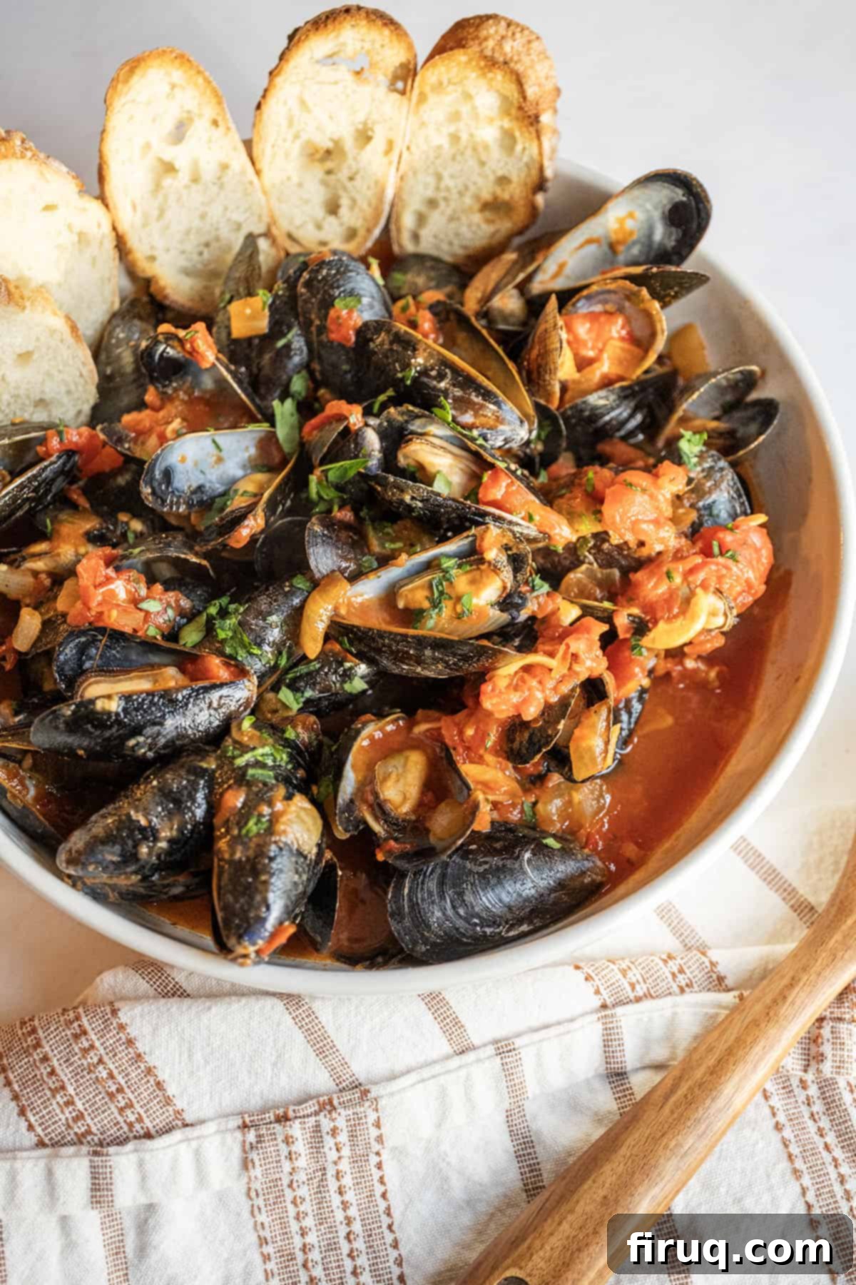 Devilishly Delicious Mussels 2 A generous serving of Mussels Fra Diavolo in a rustic bowl, accompanied by toasted crostini, inviting diners to dip and savor the rich, spicy sauce.