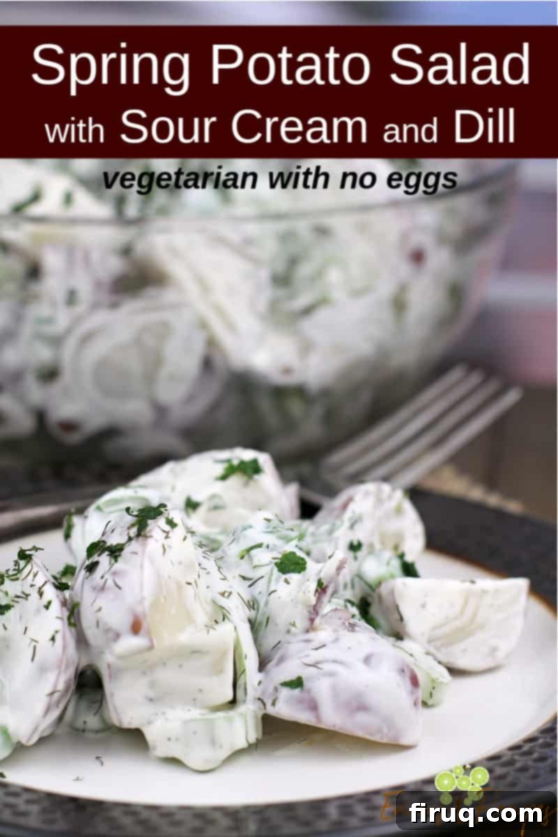 Spring Potato Salad with Zesty Dill 11 Pinterest sharing image with text overlay of recipe title Spring Potato Salad, featuring the salad in a bowl.