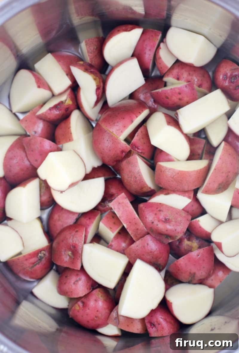 Spring Potato Salad with Zesty Dill 5 Whole red potatoes in a metal pot, ready for cooking.