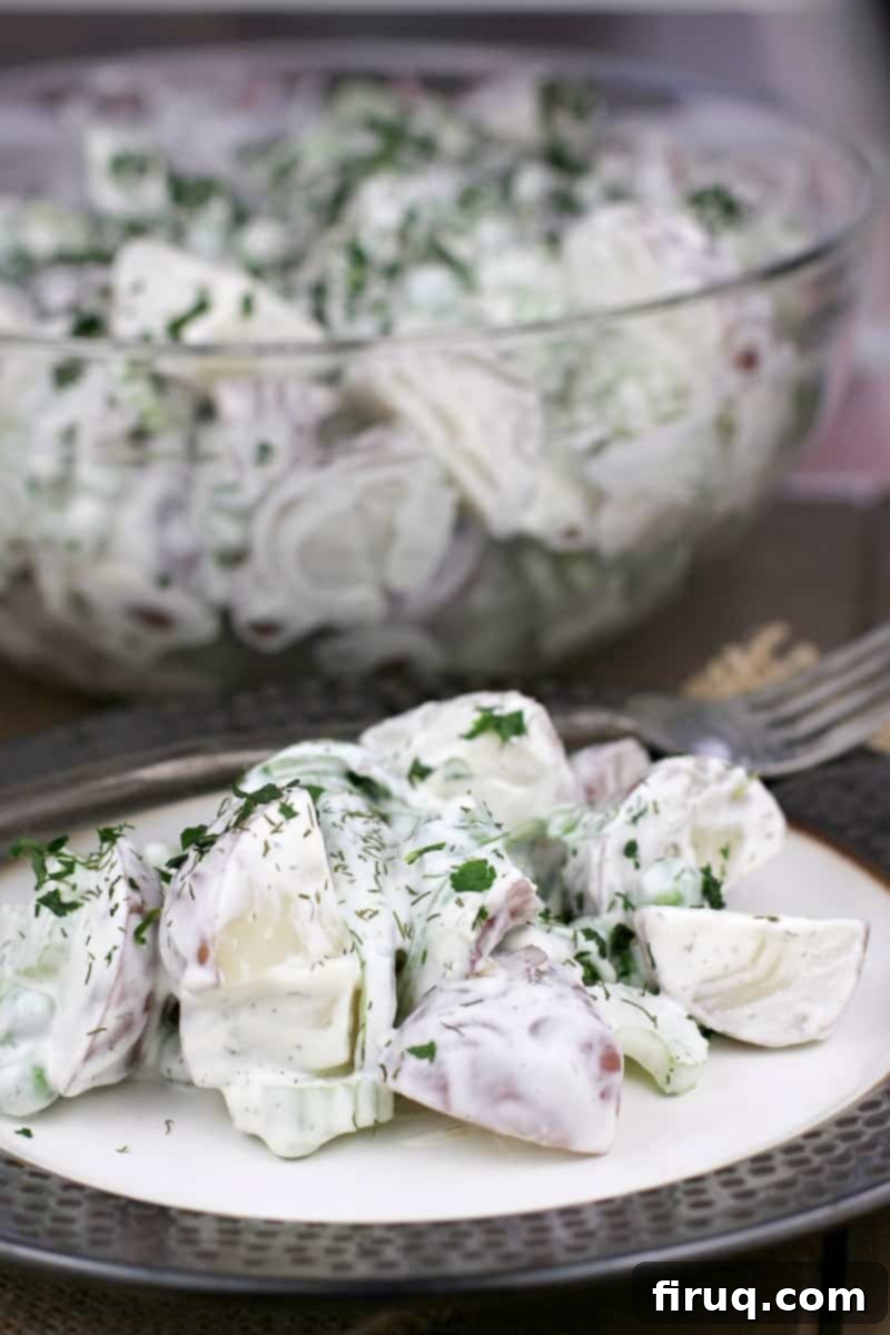 Spring Potato Salad with Zesty Dill 10 Pinterest sharing image with text overlay: Spring Potato Salad with Sour Cream and Dill.