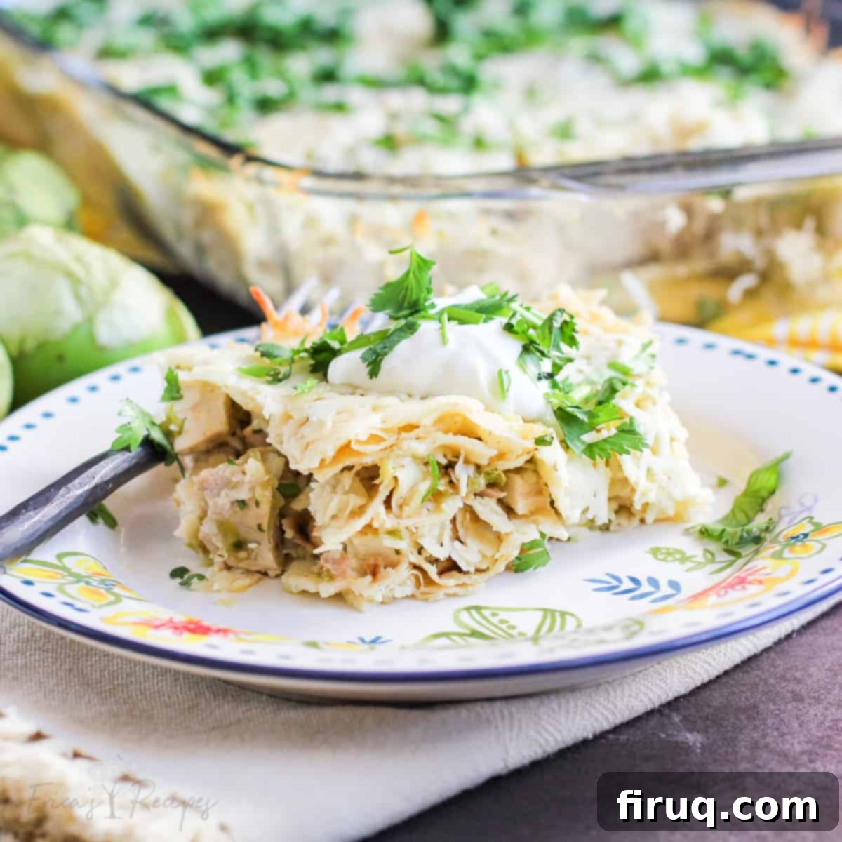 Stacked Chicken Enchiladas with Zesty Salsa Verde 3 side view to show layers of casserole