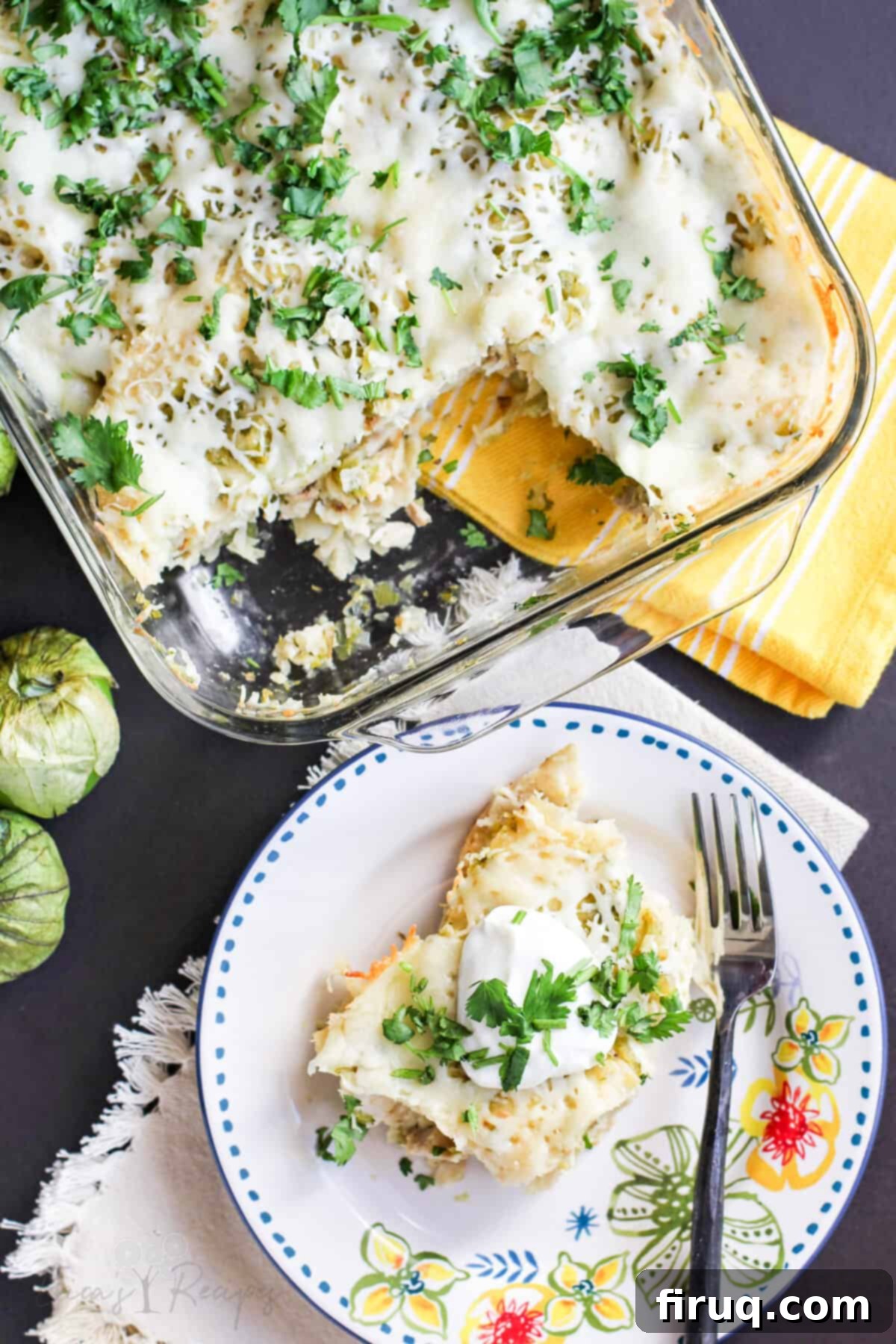 Stacked Chicken Enchiladas with Zesty Salsa Verde 4 top down view of casserole dish on yellow napkin with tomatillas and plated casserole on white platewith fork