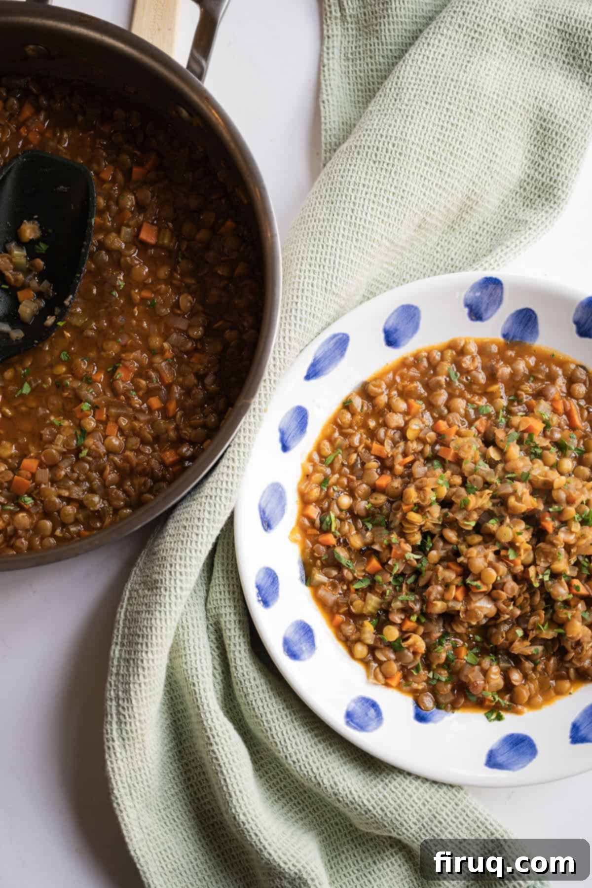 Rustic Italian Lentils 11 Cooked lentils in a bowl next to saucepan of lentils.