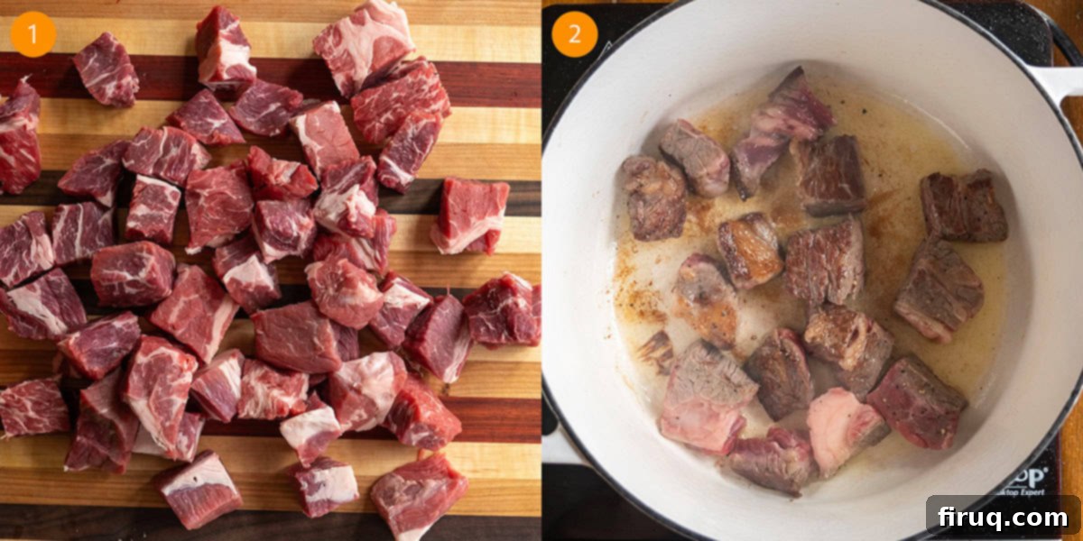 Hearty Beef Barley and Mushroom Soup 4 1 inch chunks of beef chuck roast searing to a deep brown in a Dutch oven.