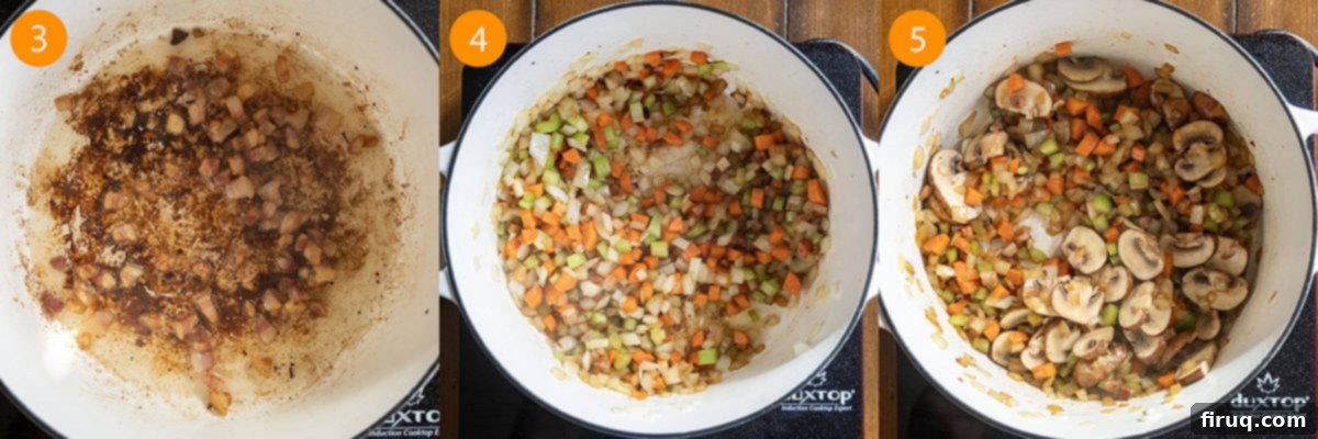 Hearty Beef Barley and Mushroom Soup 5 Pancetta, carrots, onion, and celery sautéing in a Dutch oven, building the soup's aromatic base.