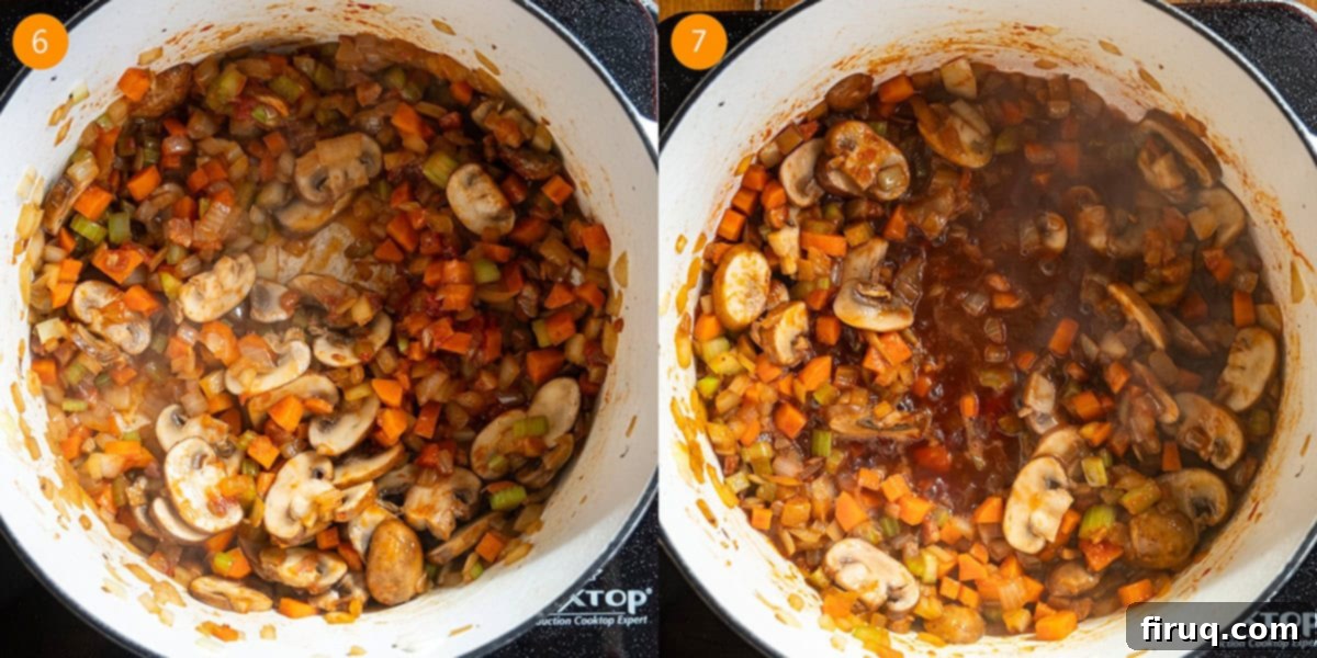 Hearty Beef Barley and Mushroom Soup 6 Tomato paste caramelizing with vegetables, followed by red wine simmering in a Dutch oven.
