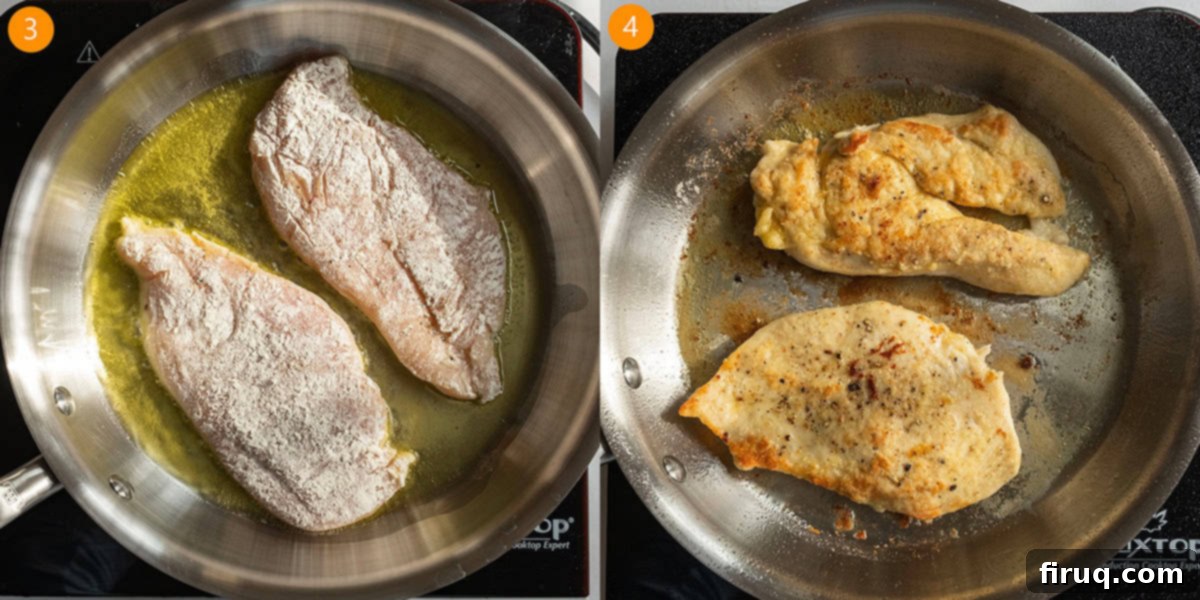 Perfect Homemade Chicken Piccata 6 Frying chicken breast in olive oil in a saucepan.