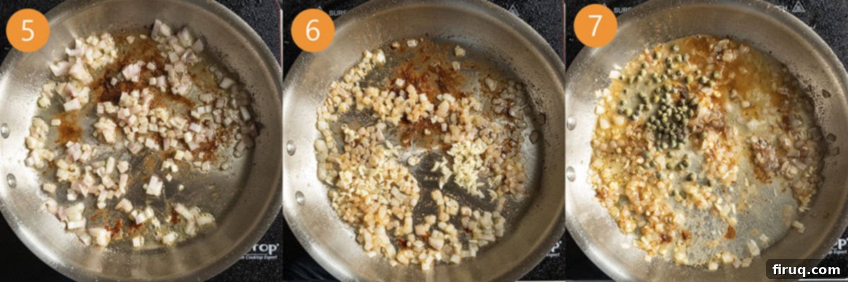 Perfect Homemade Chicken Piccata 7 Sauteing shallots and garlic in a pan.