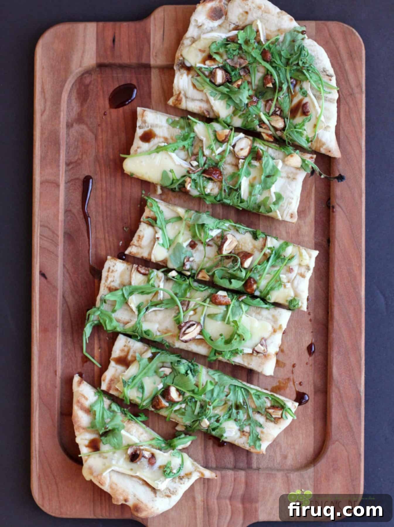 Grilled Brie Flatbread with Candied Crunch and Balsamic Swirl 5 Grilled Flatbread with Brie, Arugula, Candied Nuts, and Balsamic-Honey Drizzle