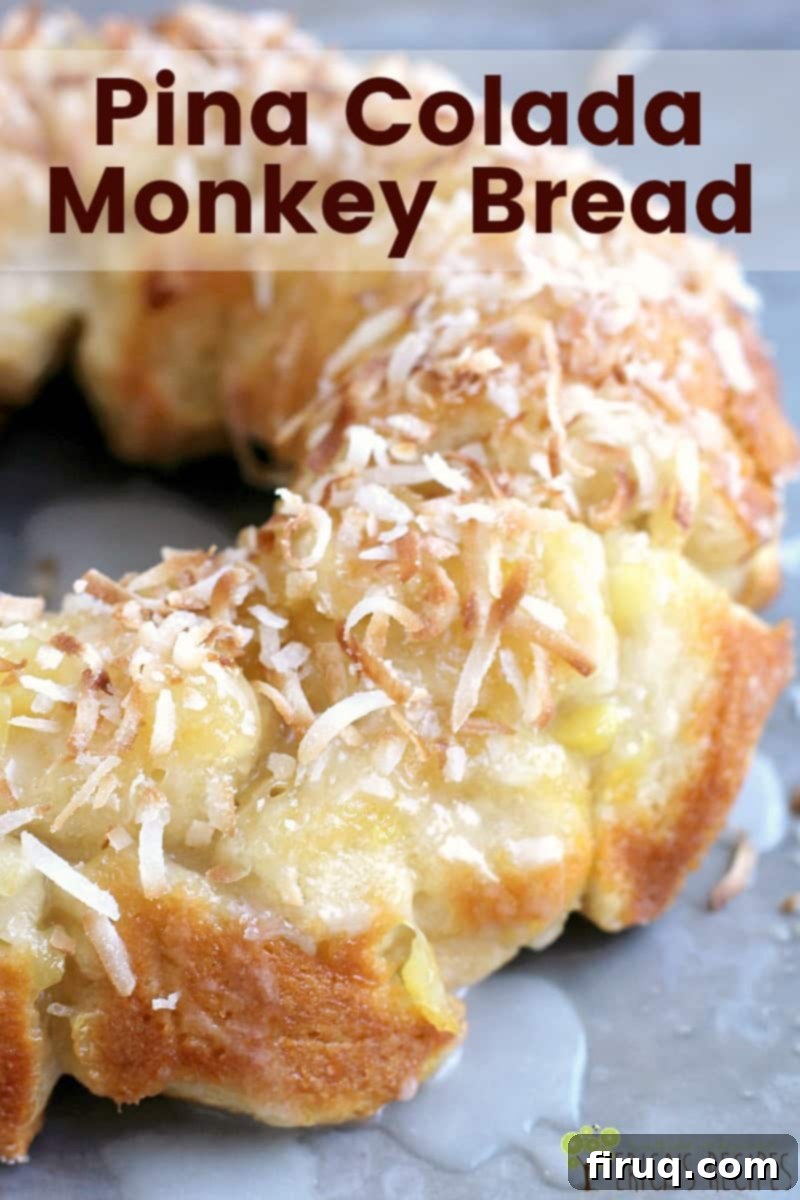 Tropical Pina Colada Pull-Apart Bread 9 Pina Colada Monkey Bread with biscuits, a fun and easy tropical sweet treat perfect for parties and brunch.