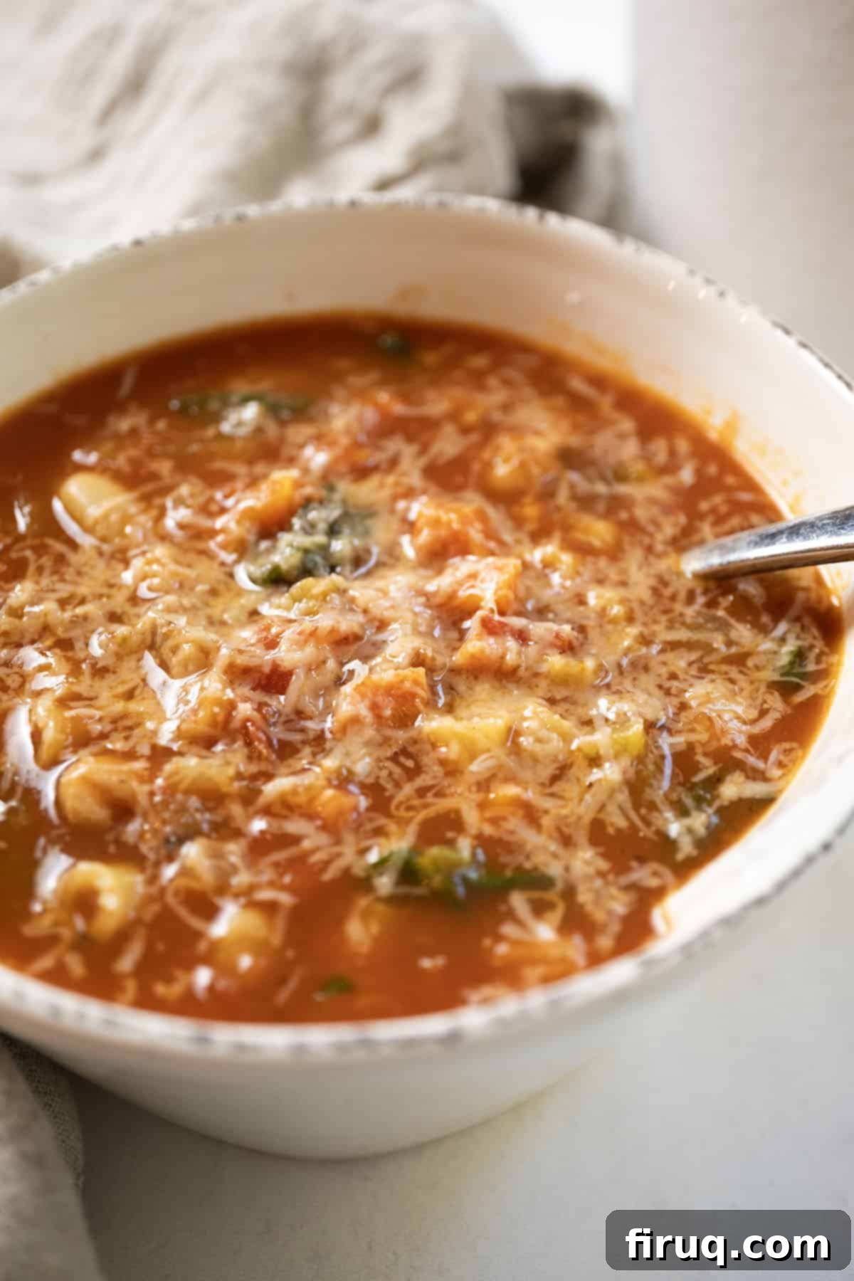 Hearty Italian Pasta and Bean Soup 2 Pasta fagiolo topped with parmesan in a bowl.