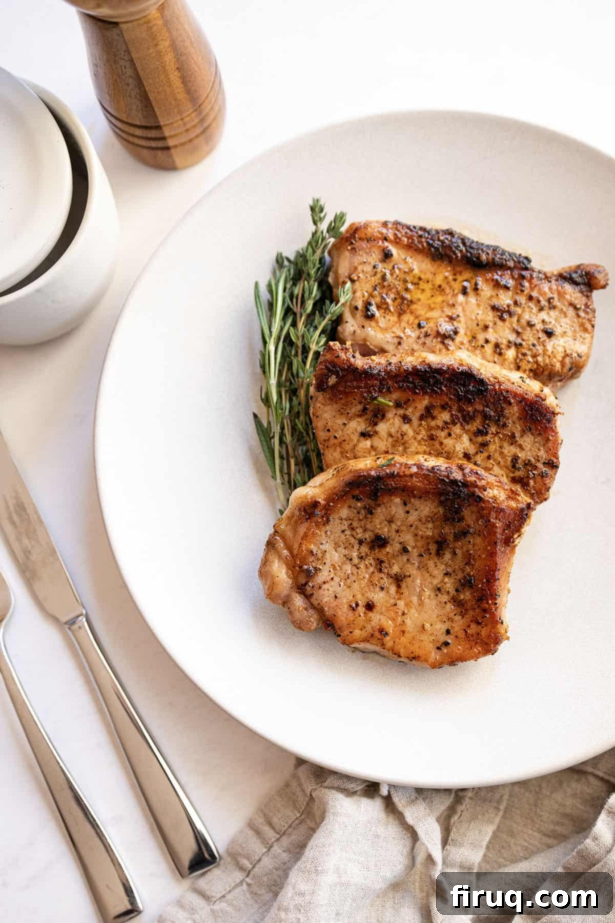 Crispy, Juicy Cast Iron Boneless Pork Chops 2 Boneless pork chops cooked on a plate with rosemary and thyme
