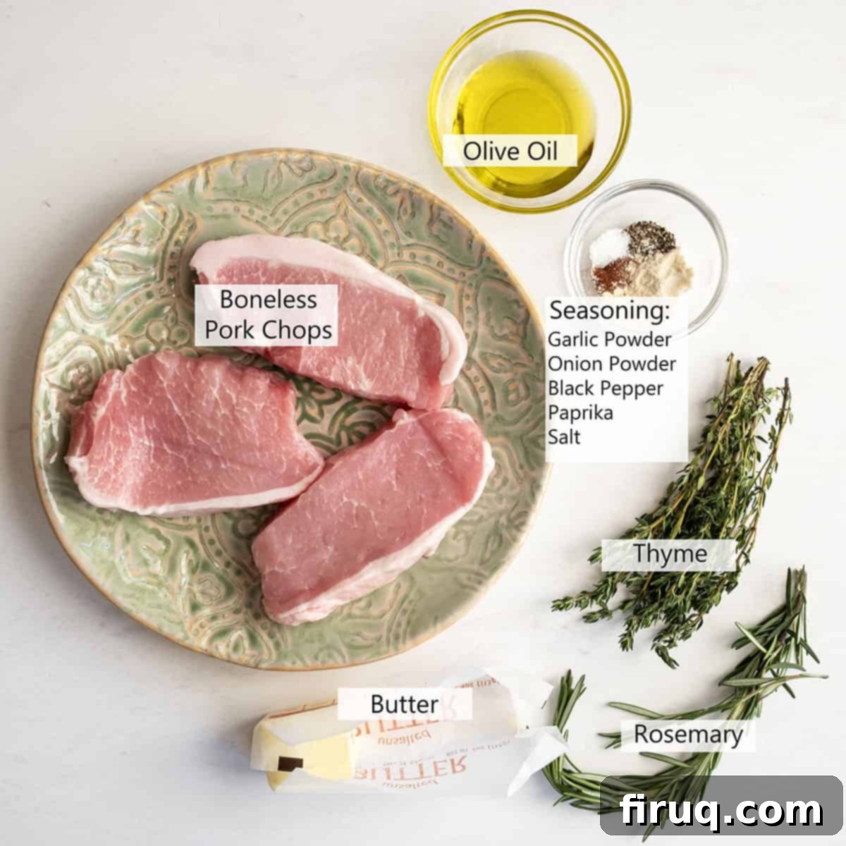 Crispy, Juicy Cast Iron Boneless Pork Chops 3 Ingredients for the recipe.