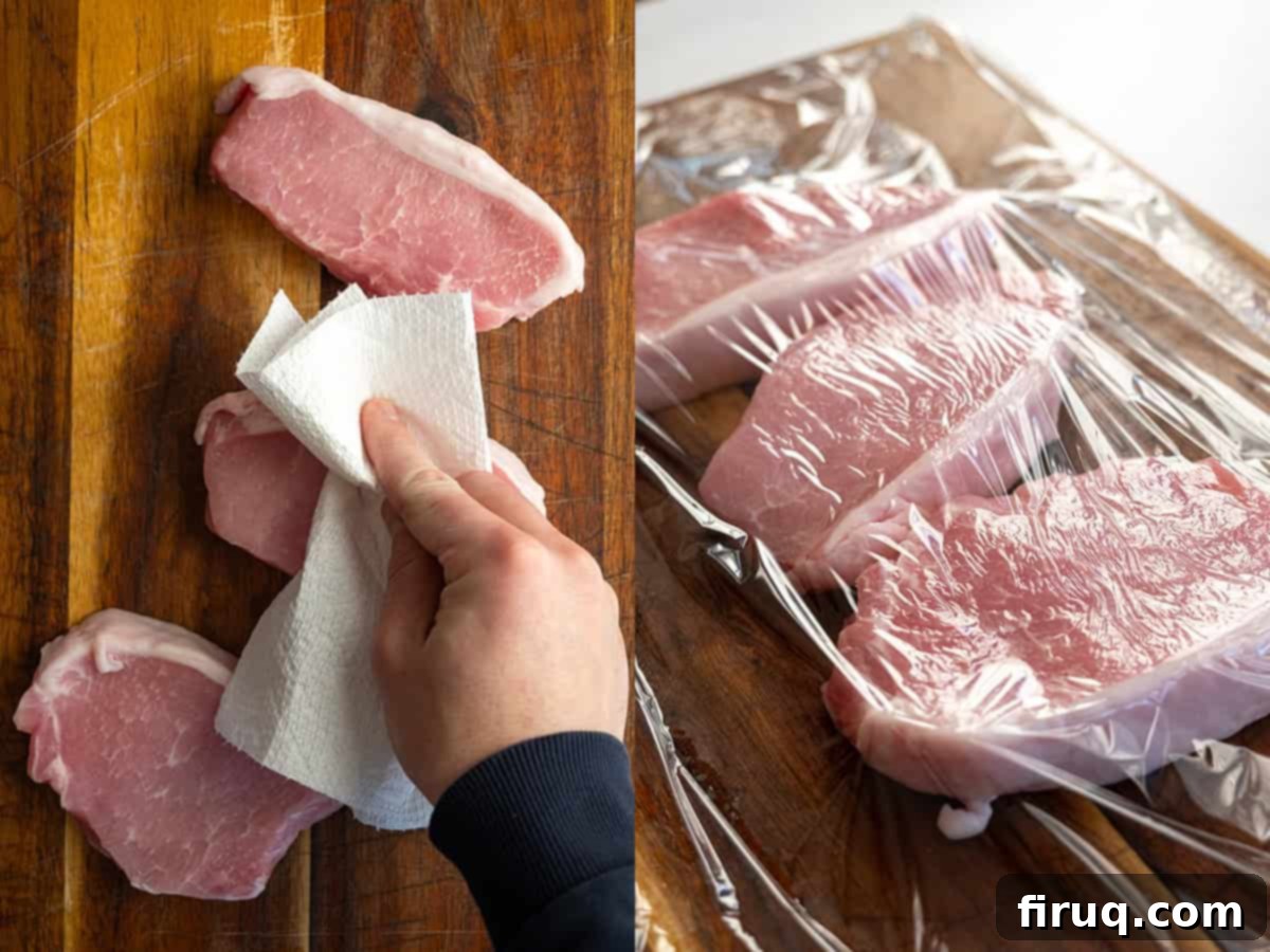 Crispy, Juicy Cast Iron Boneless Pork Chops 4 Preparing boneless pork chops by drying and tenderizing.