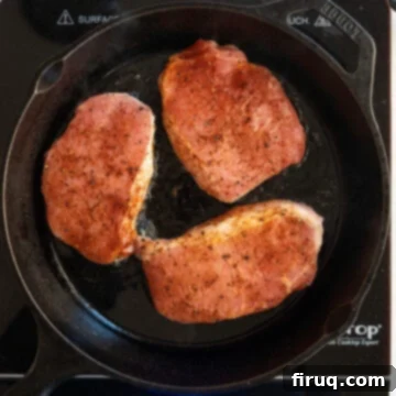 Crispy, Juicy Cast Iron Boneless Pork Chops 6 Searing pork chops on a cast iron.