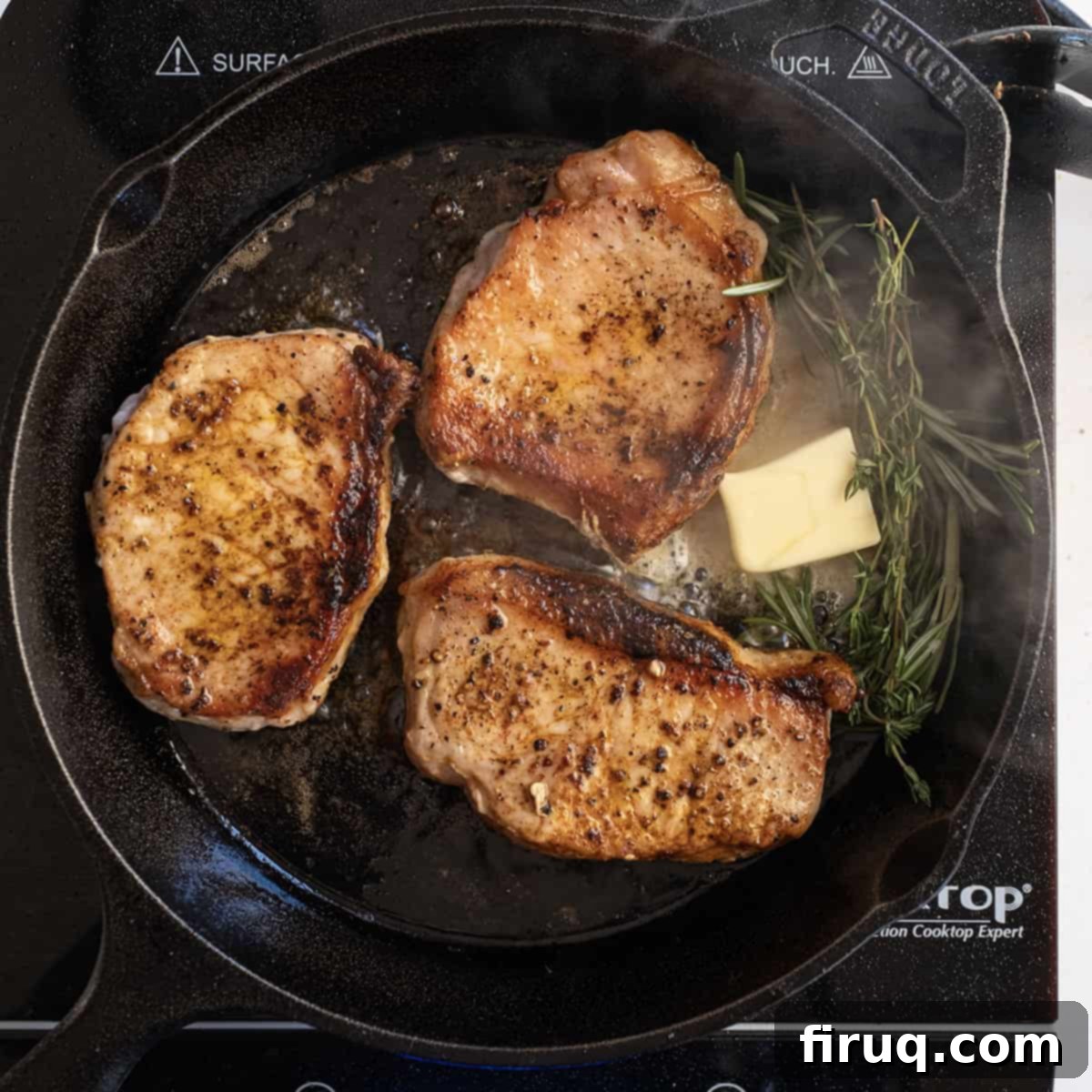 Crispy, Juicy Cast Iron Boneless Pork Chops 8 Seared pork chops basting in butter with thyme and rosemary.