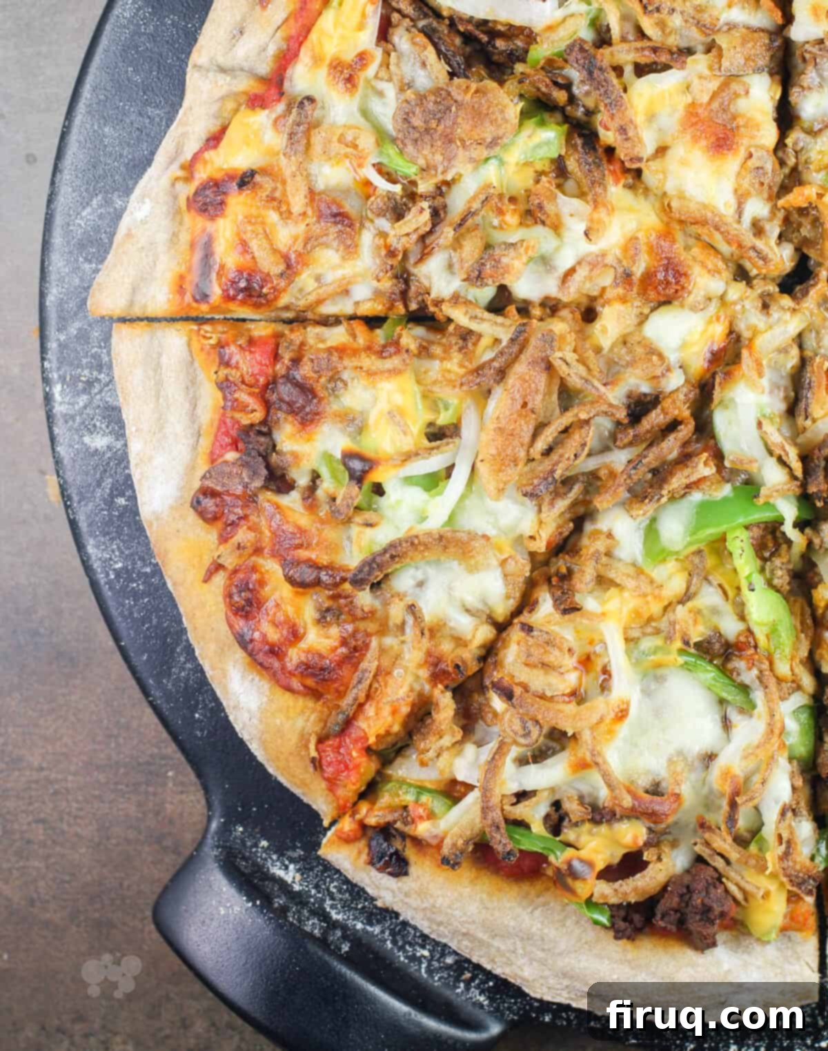 Chili Cheeseburger Pizza 3 top down view of sliced pizza
