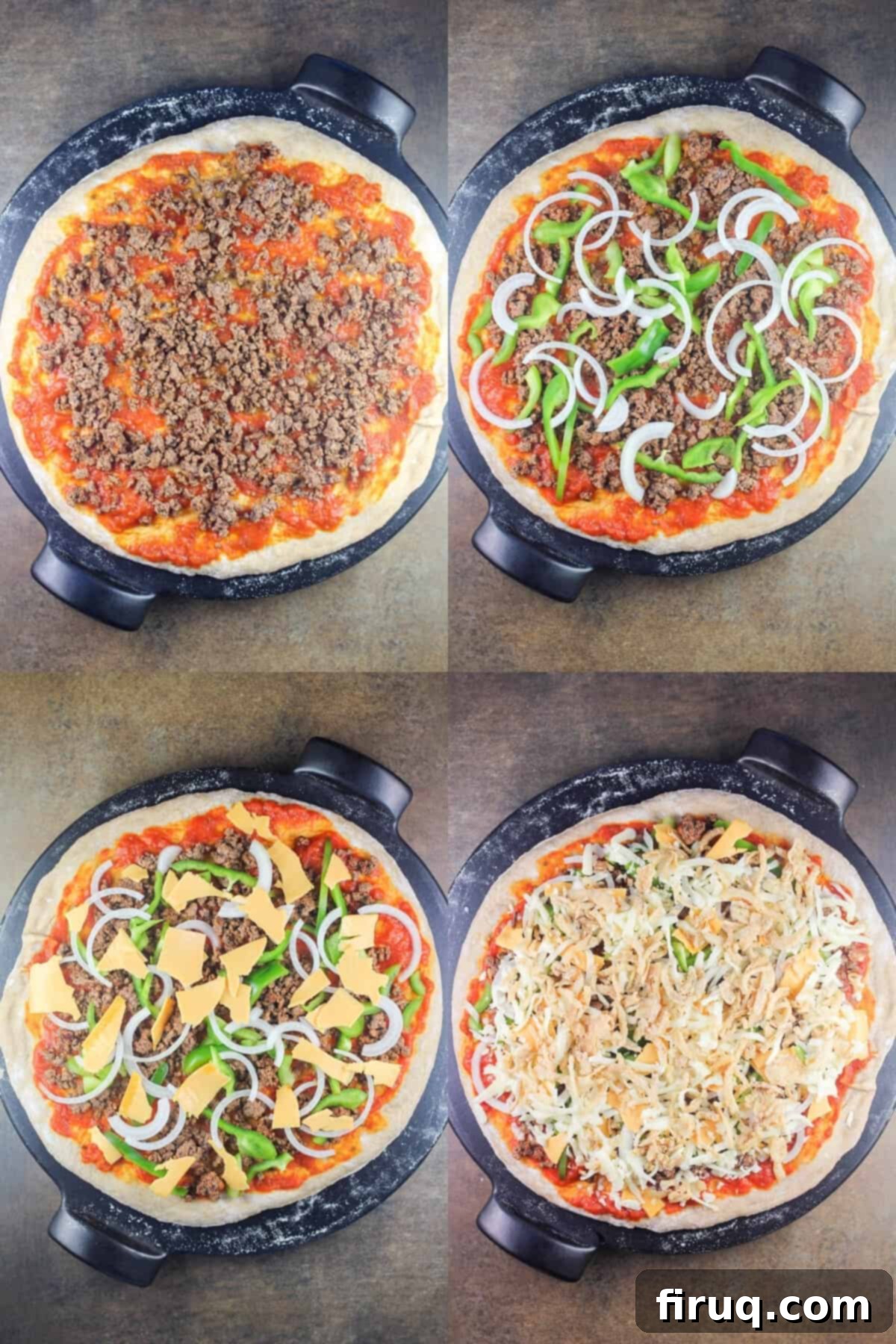 Chili Cheeseburger Pizza 6 collage of 4 photos adding ingredients onto pizza dough: ground beef; peppers and onions; american cheese; mozzarella and fried onions