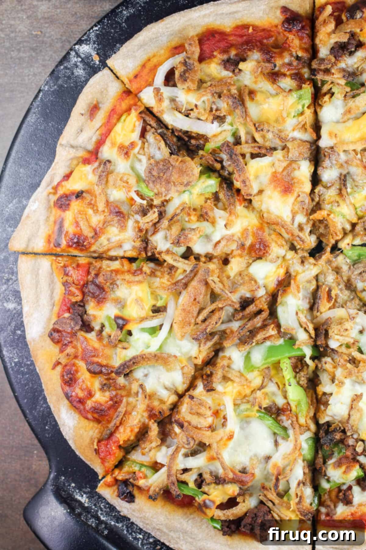 Chili Cheeseburger Pizza 9 top down view of sliced pizza