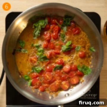 Effortless Eggplant and Tomato Pasta 9 Basil and pasta water added to the cherry tomato and wine sauce.