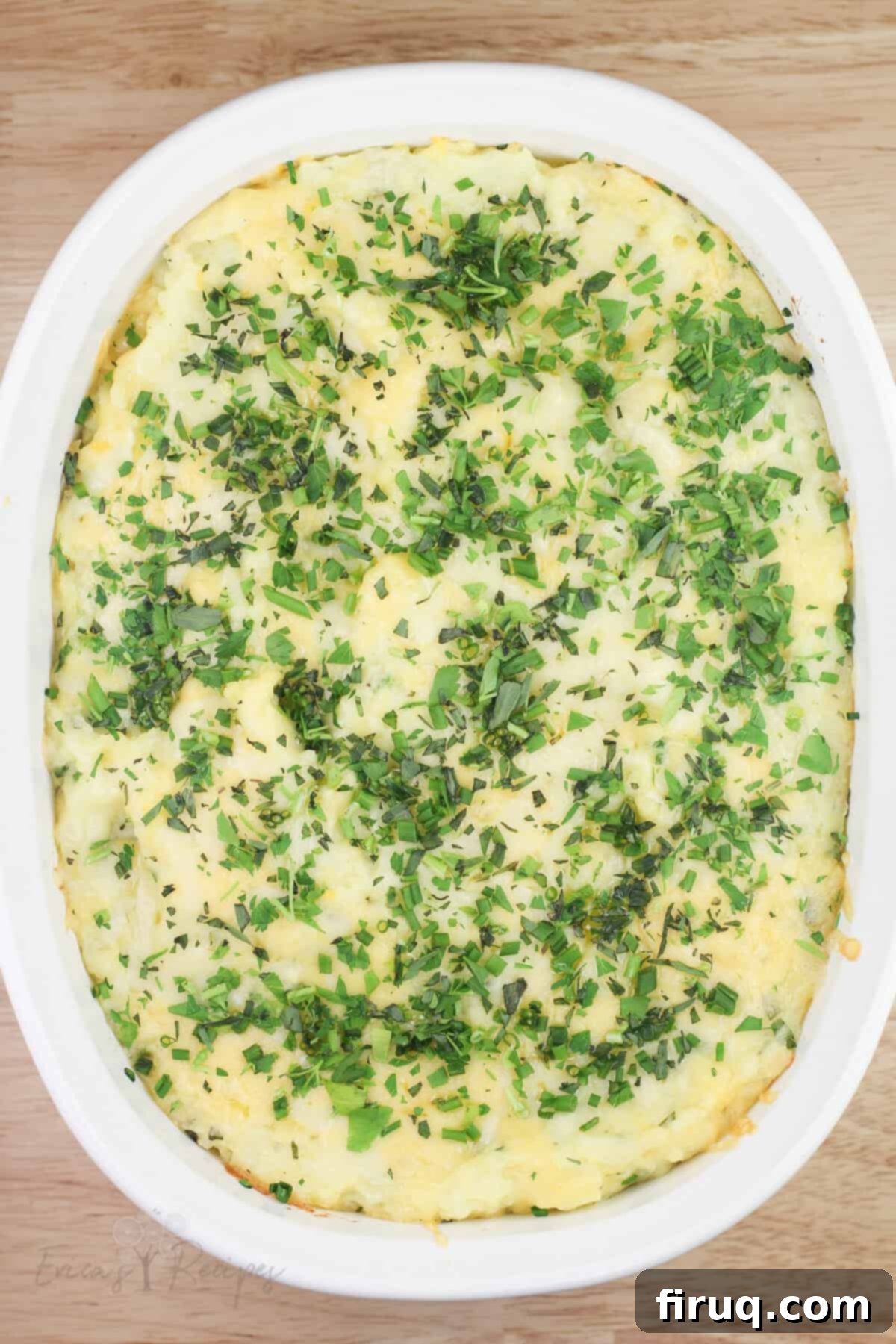Garlicky Gruyere and Gouda Mashed Potatoes 11 top down view of cooked mashed potatoes with cheese and herbs