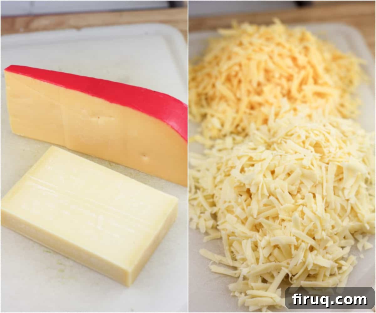 Garlicky Gruyere and Gouda Mashed Potatoes 5 collage of 2 photos: left, blocks of Gouda and Guyere cheeses; right, both cheeses shredded