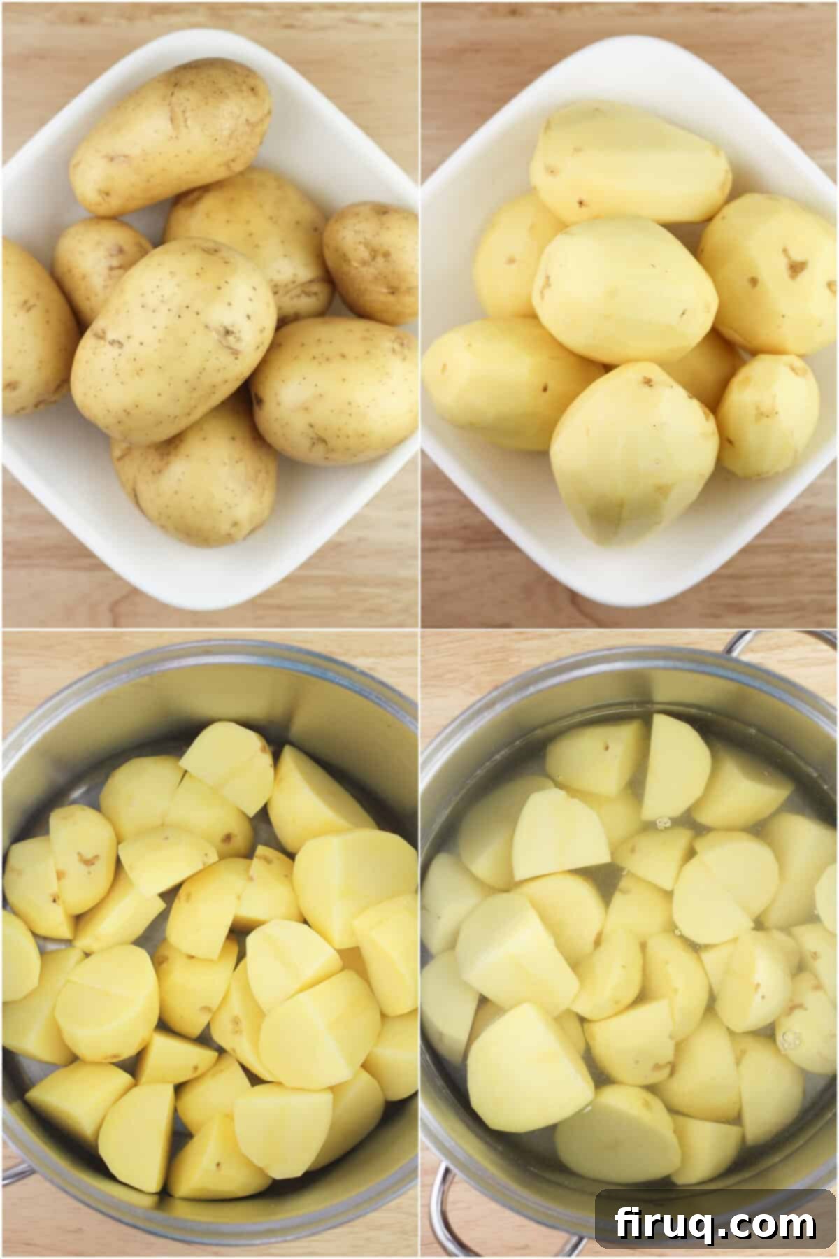Garlicky Gruyere and Gouda Mashed Potatoes 6 collage of 4 photos: Yukon potatoes; peeled potatoes; quartered potatoes in pot; potatoes in pot covered with water