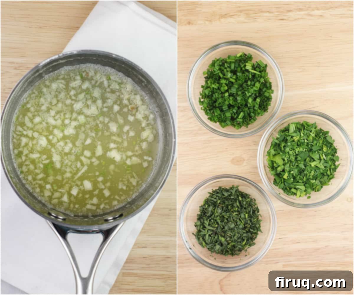 Garlicky Gruyere and Gouda Mashed Potatoes 7 collage of 2 photos: left, garlic and melted butter in saucepan; right, glass bowls with herbs parsley, tarragon, and chives