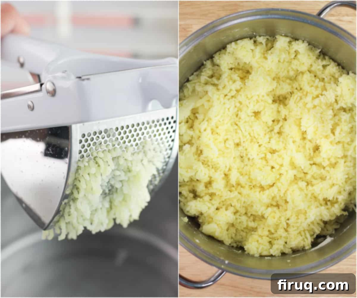 Garlicky Gruyere and Gouda Mashed Potatoes 8 collage of 2 photos; left, potato passing through potato ricer; right riced potatoes in pot